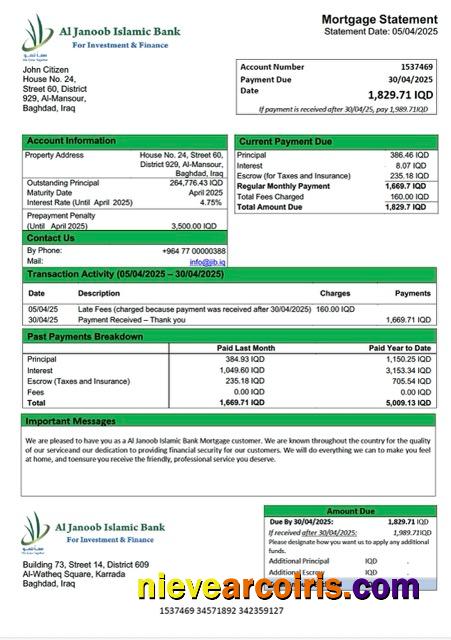 Iraq Al Janoob Islamic Bank mortgage statement Word and PDF template